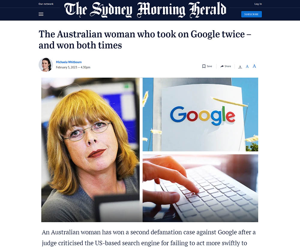 Australian Woman Wins 2nd Lawsuit Against Google - Defamation Search Results