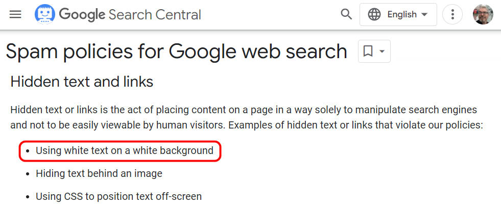 Screengrab from Google Search Central's Spam policies for Google web search - Google's rule against hidden text and links used for Black Hat SEO.